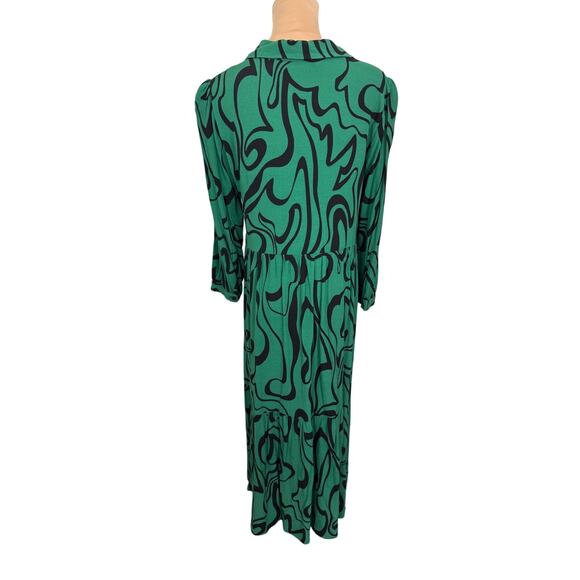 Zara Women’s Large Green Abstract Swirl Print Tiered Button Shirt Dress - Picture 2 of 3